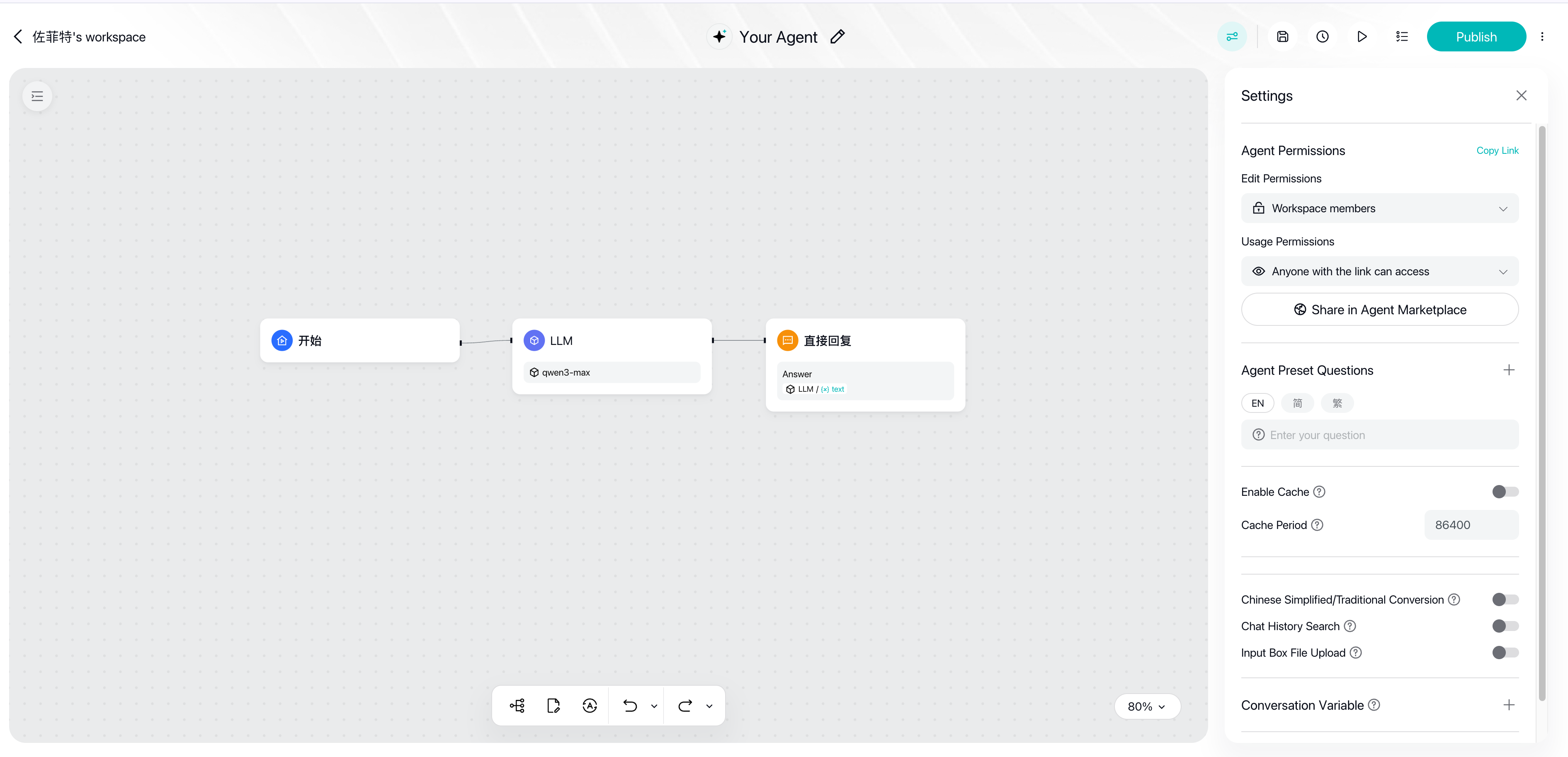The canvas after Step 3: Direct Reply (Answer) node configuration