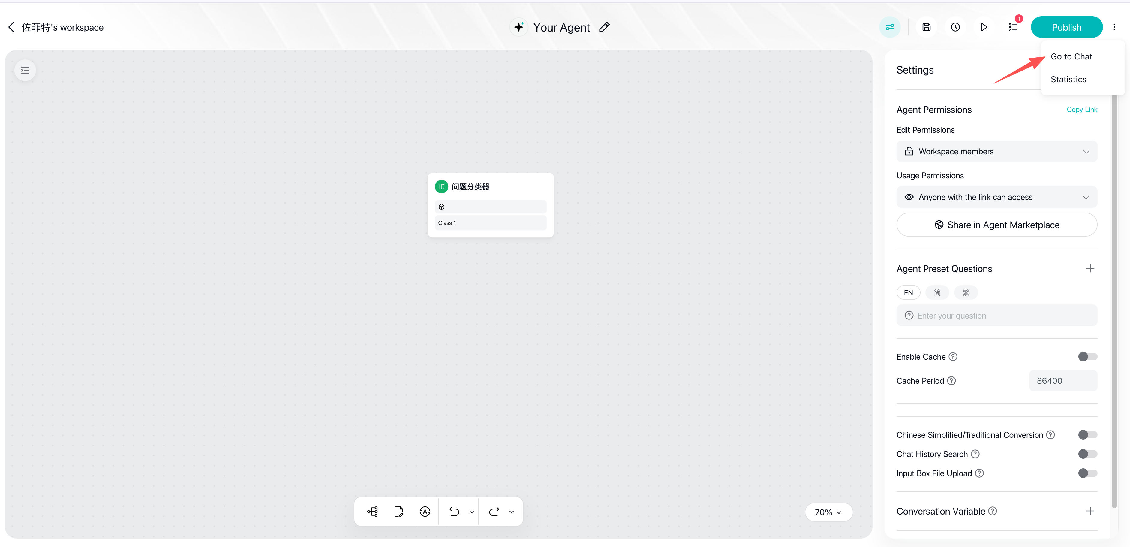 Step 5: the "Go to Chat" entry in the publish dropdown