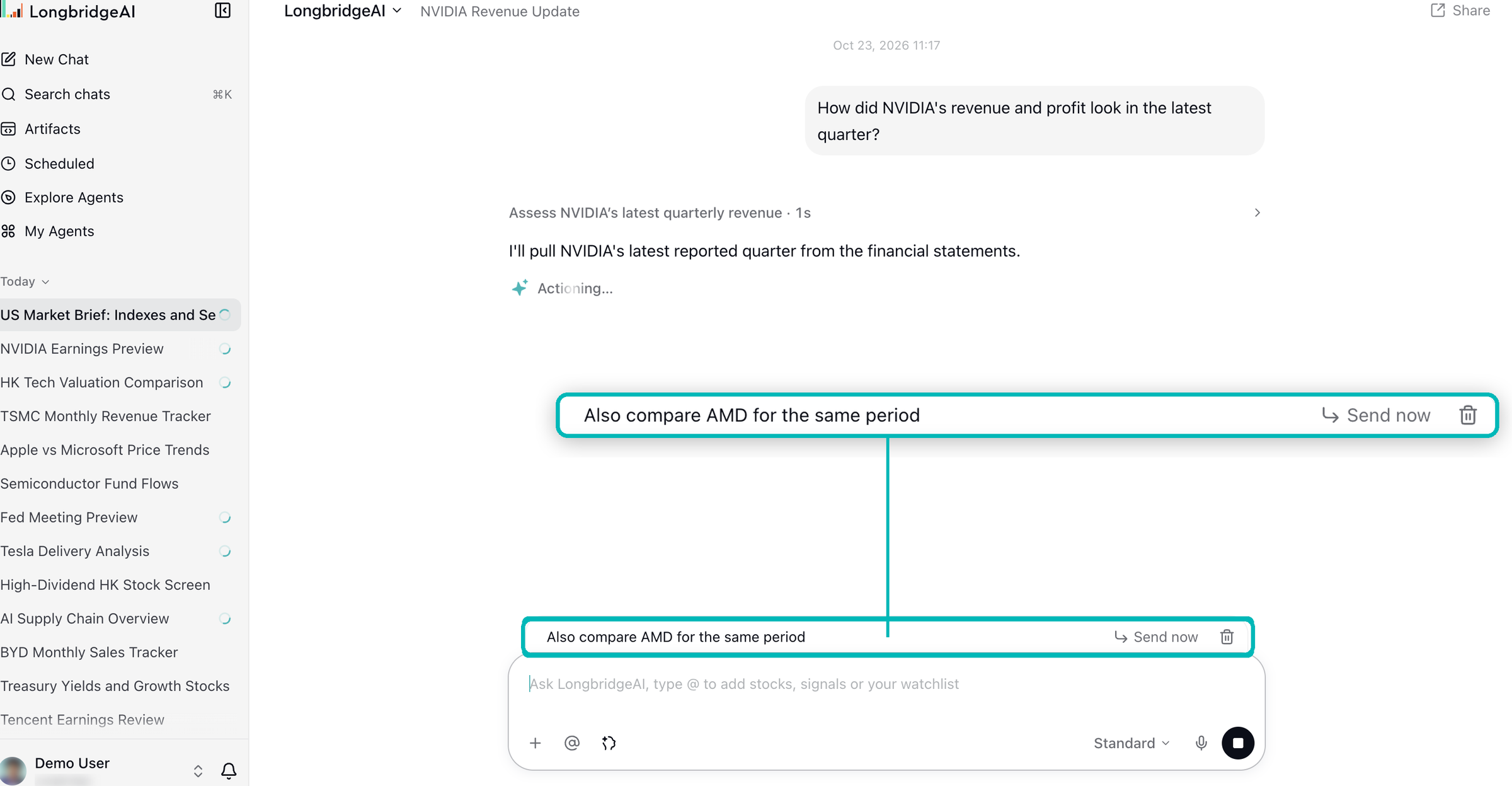 While the AI is answering, a queued follow-up appears above the input box with Send now and delete buttons
